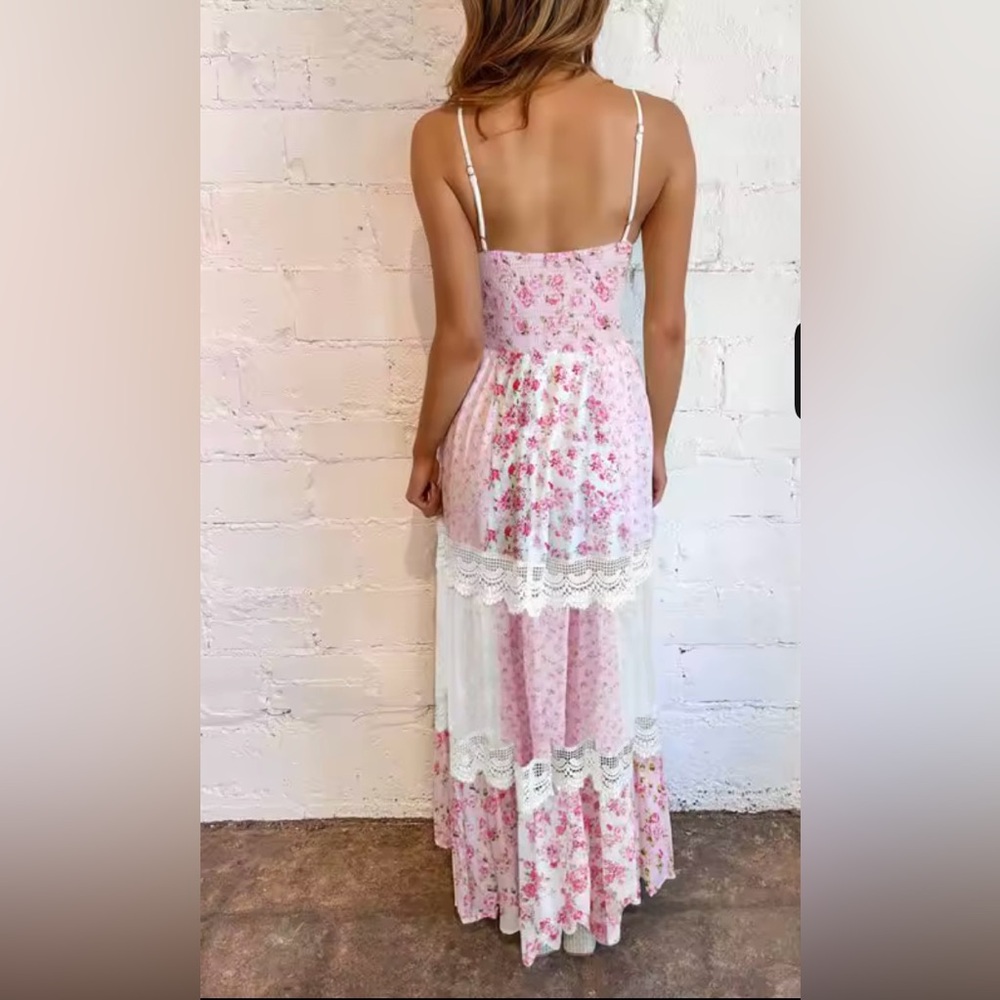 Pink floral lace crochet patchwork adjustable strap whimsical Boho maxi Dress - Picture 3 of 4